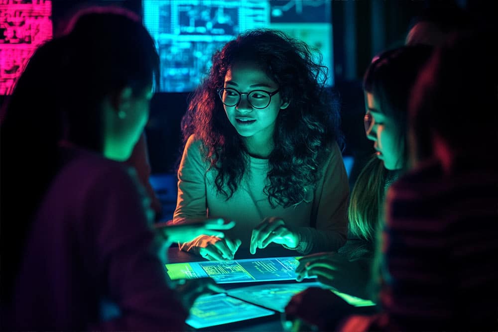 Een aantal studenten werken in het donker op tablets, ze gebruiken ai