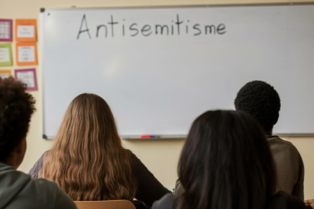 Een groep kinderen zit in een klas, op het bord staat geschreven: antisemitisme