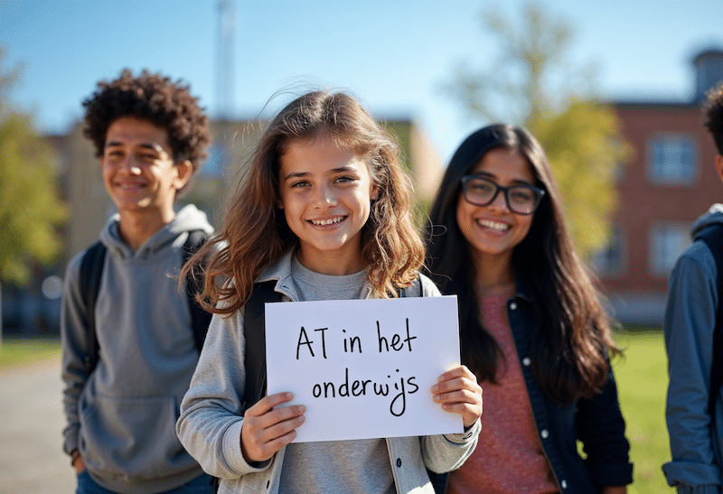 Jongeren met bordje AI in het onderwijs